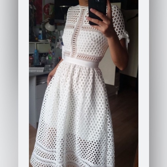 Aqua White Circle Lace Illusion Midi Dress Size L - Picture 13 of 13